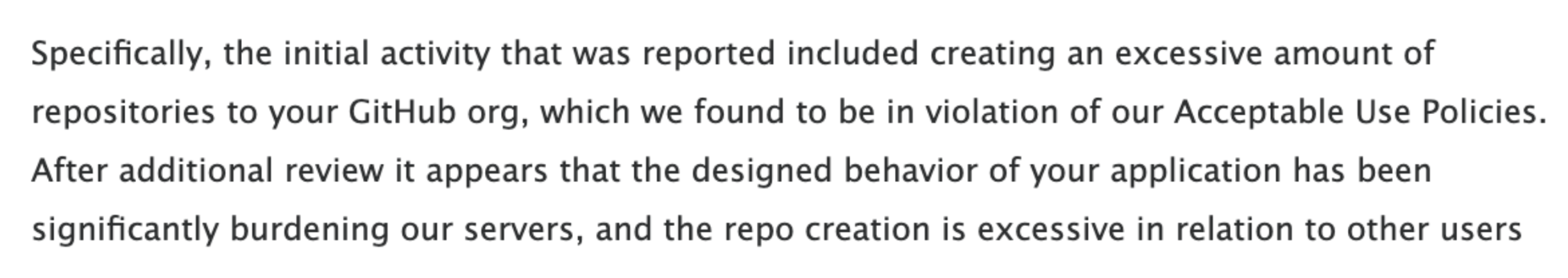Message with reason of ban from github reason of ban from github